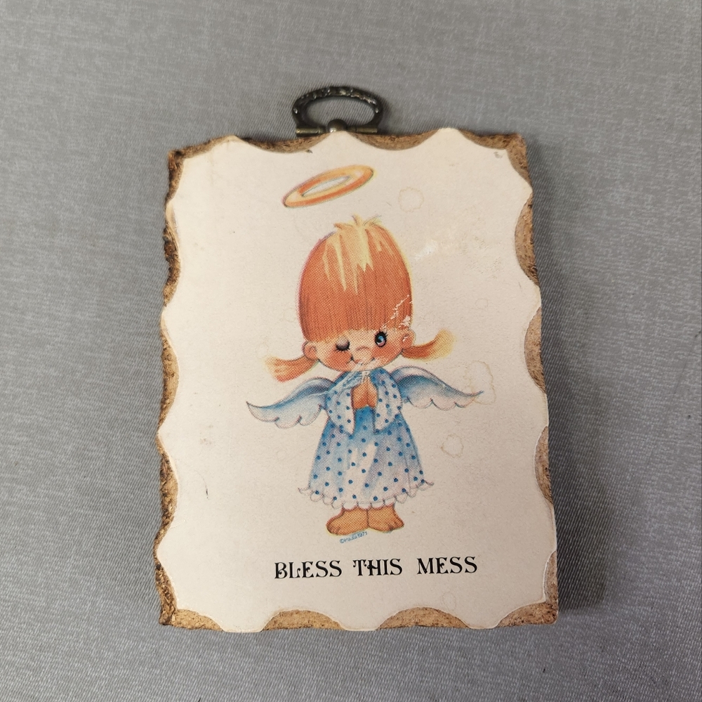 Vintage 70s 80s Angel Home Decor Wood Plaque Bless This Mess Boho Kitsch…